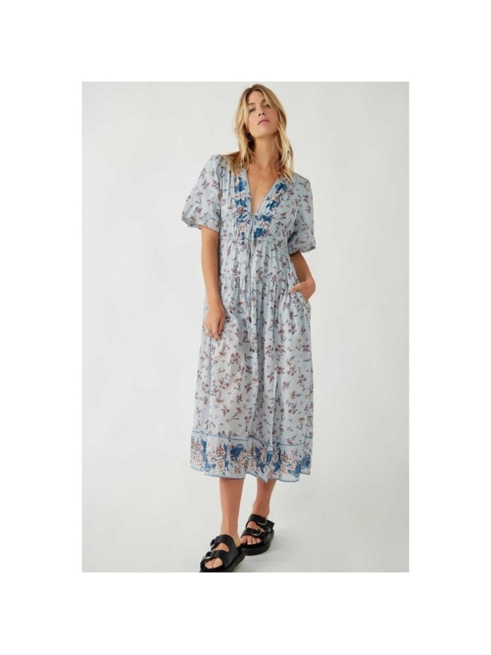 Light Blue Floral V-Neck Midi Dress lysette free people small